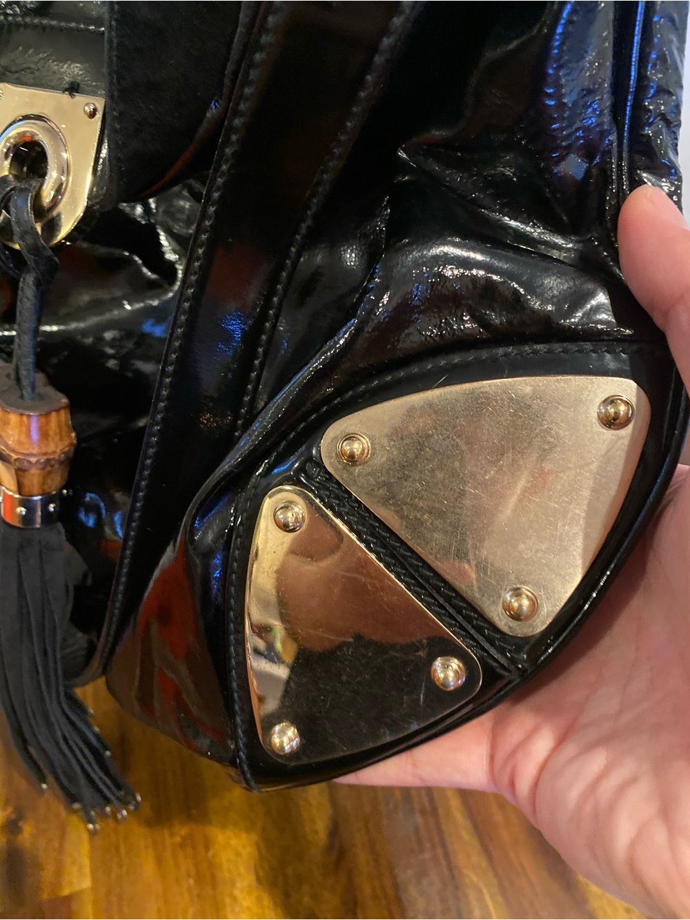 Gucci Indy Black Patent Leather Hobo with Gold-Tone Hardware and Tassel - Picture 12 of 12